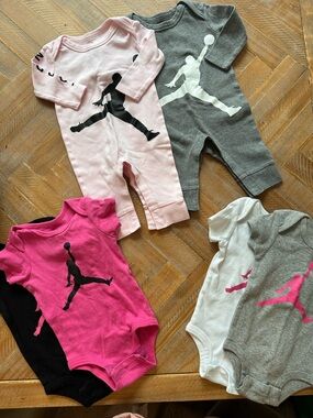 Bundle of Baby Girl Air Jordan Rompers (4) and Onesie (2) with Logo